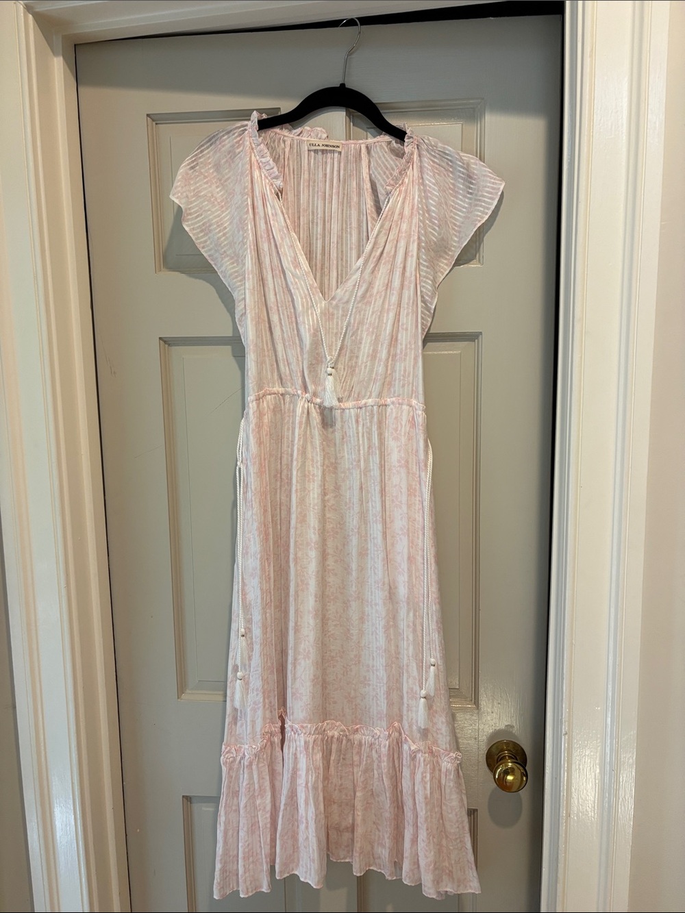 Ulla Johnson Silk Pale Pink Tie-Front Stripe Midi Dress